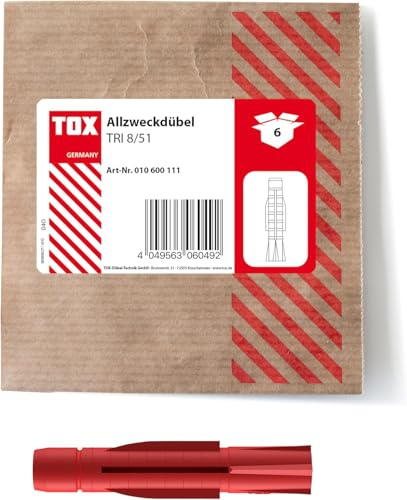 TOX 8x51 mm M, Allzweckdübel TRI, Dübel für zuverlässige Befestigungen in Fast Allen Baustoffen, 6 Stück in Einer wiederverschließbaren und umweltschonenden Papierverpackung, 010600111, Rot
