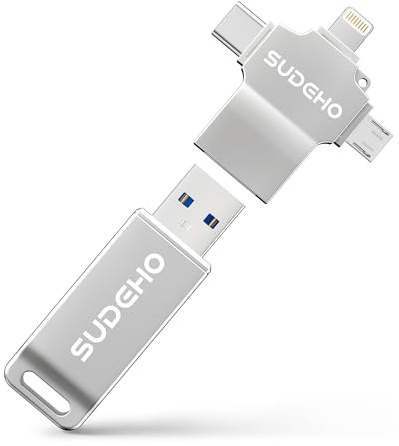 SUDEHO MFi USB Stick 256GB for iPhone, 4-in-1 Metal Flash Drive, Silver | Plug & Play Photo Memory Stick, USB 3.0 Backup for Photos, Videos, Music, Free up Space for iPhone, iPad, Android, Mac, PC
