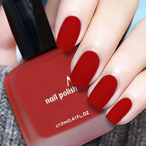 Matte Red Nail Polish - Quick Dry Bright Red Nail Polish - Long Lasting Pure Color Cherry Nail Varnish - Breathable Matt Nail Varnish Chip Resistant for Women DIY Nail Art at Home