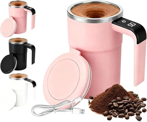 Automatic Self Stirring Coffee Mug, Electric Mixing Cup with Magnetic Stirrer, Rechargeable Mixer Cup with Temperature Display, Portable Stirring Mugs for Coffee, Milk, Cocoa, 380ml (Pink)