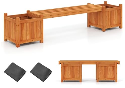HOMASIS 2 in 1 Blumenkasten mit Gartenbank, 2-Sitzer Sitzbank mit 2 Pflanzkästen, 2 Pflanzkübel mit Bank aus Massivholz, Outdoor Holzbank Gartenmöbel für Garten Hof Terrasse (Orange, 169x35x35 cm)
