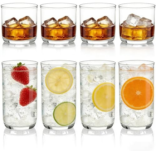 Berglander Glaswaren Set aus 8, PET-Klarplastik-Highball-Gläser 420ml & Whiskey-Cocktail-Gläser Set 340ml, robuste unzerbrechliche Wasser-Gläser Becher Tumbler-Glasware für Getränke, Bier, Saft, Milch