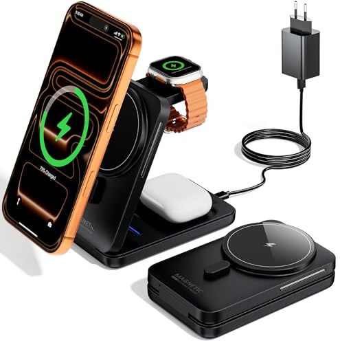 KPON Ladestation für Apple Watch und iPhone, 3 in 1 Faltbares Magnetic Ladegerät Schnellladung Kompatibel mit iPhone 17-12, Apple Watch 11-2, AirPods, Reise & Büro, inkl. 20W Adapter, Schwarz