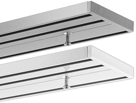 Gardineum 460 cm (2 x 230 cm + Verbinder) Gardinenschiene, alle Längen bis 4,00 m möglich, Vorhangschiene Aluminium, 3-läufig Objetkschiene - vorgebohrt! weiß, glatte glänzende Oberfläche