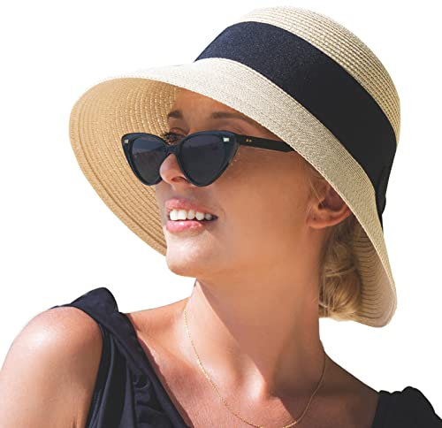 SIGGI Stroh Sommerhut mit Sonnen Shade für Damen schlaffer Strand Sonnenhut Breite Krempe, 69087_Beige, L