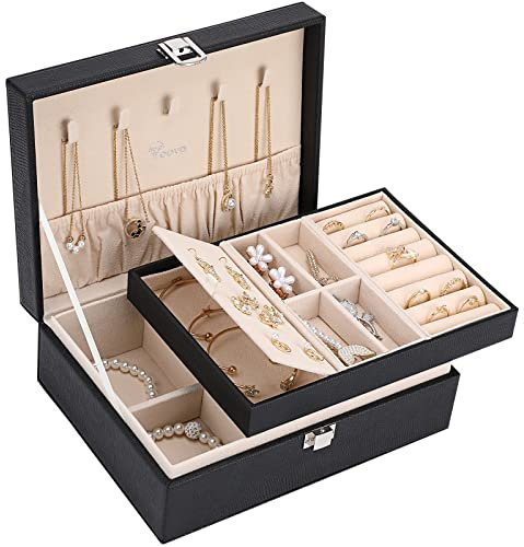Voova Jewellery Box Organiser for Women Girls, 2 Layers Large Jewelry Storage Case, PU Leather jewlerrying Display Holder with Removable Tray for Necklace Earrings Rings Bracelets, Gifts, Black