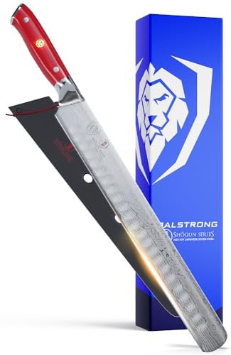 DALSTRONG Slicing Carving Knife - 12 Granton Edge - Shogun Series - Japanese AUS-10V Super Steel - Damascus - Vacuum Treated - Crimson Red ABS Handle - Sheath