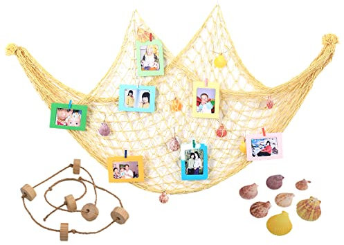 Dekoratives Fischernetz,Maritime Strand Themen Wanddekoration,Fischernetz Deko für DIY Foto Hängende Bilderrahmen Wandbehang Fotonetz für Party Zuhause Garten Deko,Gelb 150x200cmMuscheln & Schwimmer