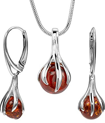 Copal Sterling Silber 925 Bernstein Schmuckset Mit Tropfenförmigem Anhänger Und Ohrhängern