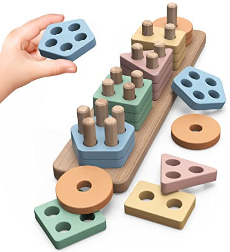Joozmui Holz Montessori Spielzeug ab 1 2 3 Jahr, Holzspielzeug Motorikspielzeug Baby 6 9 Monate Babyspielzeug Sortierspiel Kinderspielzeug Lernspielzeug Steckpuzzle