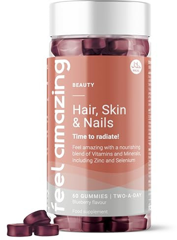 Hair, Skin & Nails Complex Gummies - with Zinc, Biotin, & Vitamin C - 60 Blueberry-Flavored Gummies - 30-Day Vegetarian, Halal Supply | Feel Amazing
