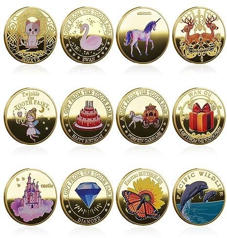 Infreecs 12 Stück Zahnfee Münzen, Zahnfee Goldtaler mit Verschiedenen Mustern, Tooth Fairy Coins, Zahnfee Geschenke für Kinder, Verlorenen Zahn Kinder Geschenke Souvenir für Mädchen und Junge