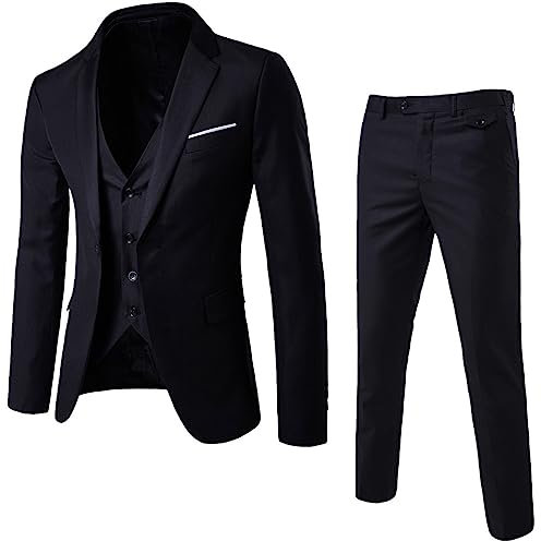Mymyguoe Hochzeitsanzug Schwarz Tweed Herrenanzug Leicht Outfit Männer 3 Teilig Tuxedo Suits Stretch Komplett Set Untersetzt Große Größen Anzug 6XL Regular Fit