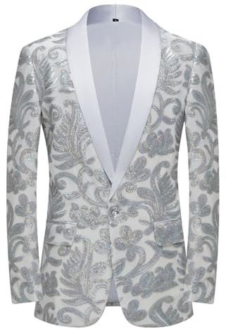 PYJTRL Hombres Moda Terciopelo Lentejuelas Patrón Floral Traje Chaqueta Blazer,Platead,XL