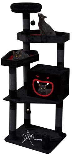 YARUOMY Gothic Kratzbaum groß, 158 cm hoch,XXL Katzenbaum,Kratzbaum Grosse Katzen Stabil mit 8 Kratzsäulen,2 Sargbett Plattformen,Höhle,Schwarzer,Halloween