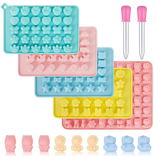 5 Pcs Moldes de Silicona para Caramelos y Chocolates, Moldes de Jalea, Moldes de Chocolate, Con 2 Cuentagotas, 6 Motivos: Coches, Animales Y Corazones, Moldes Para Hacer Gomitas, Gelatina