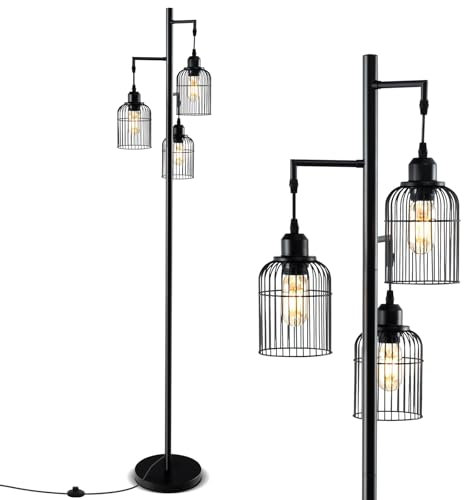 COSTWAY Moderne Stehlampe 169cm, industrielle Standleuchte mit 3 Lampenschirmen, Fußschalter, stabilem Sockel, Leselampe für Büro, Schlafzimmer, Arbeitszimmer, Esszimmer, Schwarz (zylindrisch)