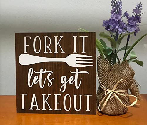Intereswoodg Panneau en bois humoristique avec inscription « Fork It lets get takeout kitchen » – Panneau de cuisine moderne – Comptoir – Étagère en bois avec dictons 20,3 x 20,3 cm