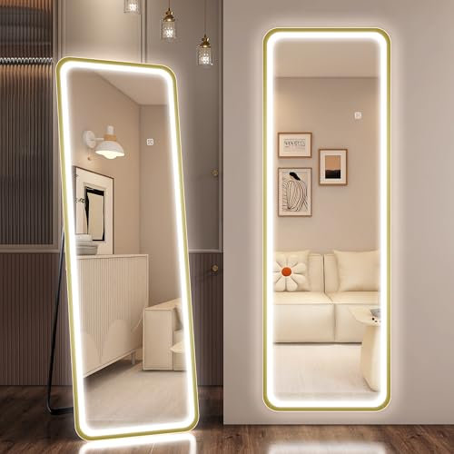 STARLEAD Ganzkörperspiegel-mit-Beleuchtung 150x50cm, LED-Standspiegel-mit 3 Lichtfarben Dimmbar, Wandspiegel-Groß mit Touch-Schalter, Memory-Funktion, HD Hartglas, Rechteckig Spiegel-Gold-Rahmen