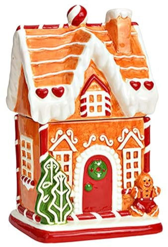 Vorratsdose Lebkuchenhaus aus Keramik 16 x 27 cm - Weihnachtliche Aufbewahrungsdose für Kekse & Süßigkeiten mit Deckel - Weihnachtsdose Keramikdose als Weihnachtsdeko, Tischdeko & Weihnachtsgeschirr