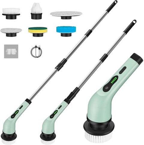 Electric Spin Scrubber, Cordless Shower Cleaning Brush with 6 Brush Heads, 2 Speeds Power Scrubber with Adjustable Handle for Bathroom, Kitchen, Tile, Floor