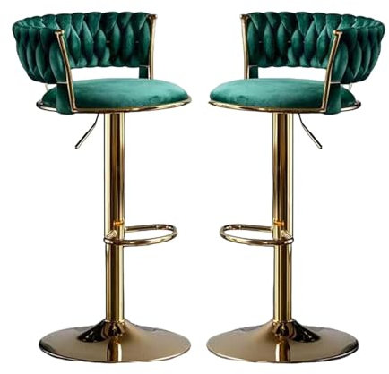 Modern Velvet Adjustable Bar Stool with Gold Legs Woven Back and Footrest Swivel Barstool Set of 2 for Kitchen Islands and Counters Green