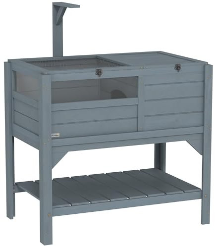 PawHut Maison enclos pour Tortues sur Pieds avec étagère de Rangement - en Bois de Sapin - Interieur et extérieur - dim. 103H x 84L x 51l cm Gris