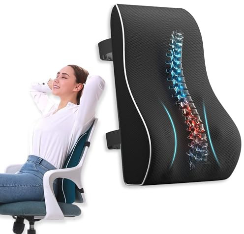 Cojín Lumbar Ergonómico Viscoelástica con Bolsa de Transporte – Soporte para Espalda y Cervicales – Respaldo Ajustable para Silla de Oficina, Coche o Sofá – Correas Antideslizantes – Negro