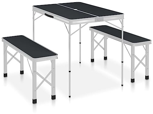 WSJHUHK Campingtisch klappbar mit 2 Bänken Aluminium grau