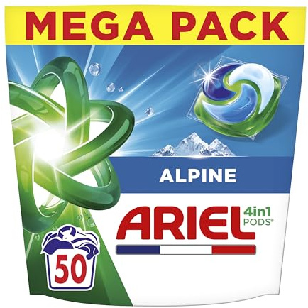 Ariel PODS 4en1, Lessive En Capsule, 50 Lavages, Alpine, Élimination Impeccable Des Tâches, Efficace Même A Froid Et En Cycle Court