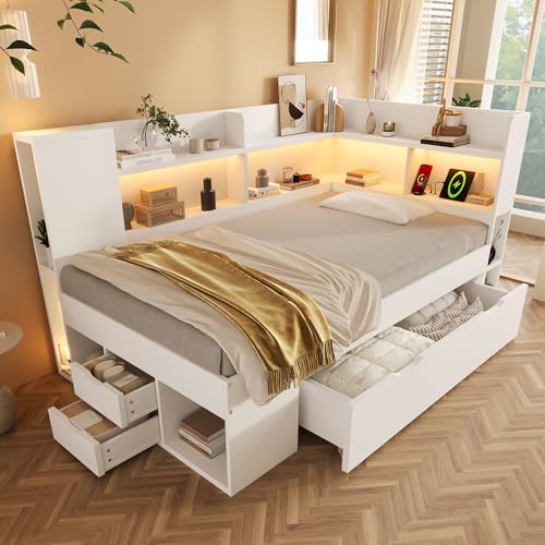 Moimhear Tagesbett, Weiß, Einzelbett, aus Holzwerkstoff mit USB & Typ-C Ladestation Stauraum Regalen und Schubladen, ohne Matratze (90x190cm)