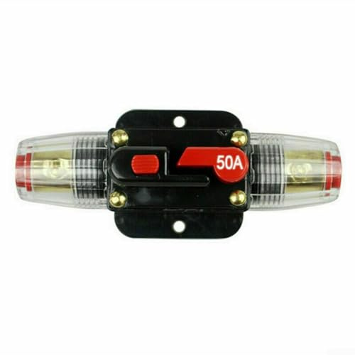High Current Inline Circuit Breaker Fuse Holder, 12V 24V DC, Prevents Damage to Car Audio Systems, Easy Manual Reset Option (50A)