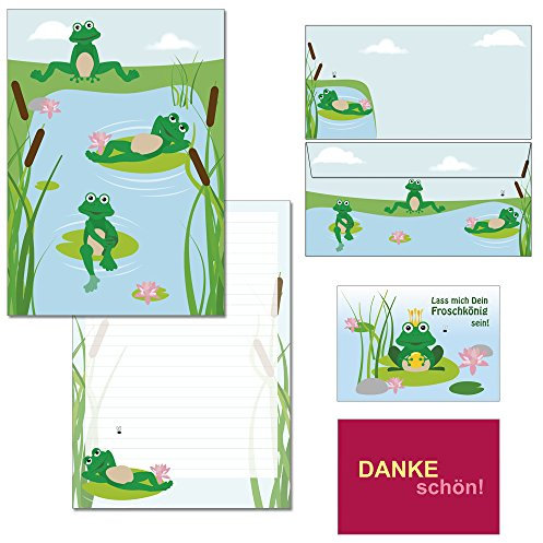 Briefblock-Mappe Frösche - 1 Schreibblock DIN A4 + 15 Briefumschläge DIN lang + 2 Postkarten Block-Set-Frosch