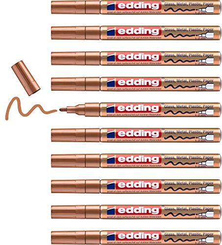 edding 751 gloss paint marker - copper (metallic) - 10 paint markers - round tip 1-2 mm - paint pen for glass, pebbles, wood, plastic, paper - waterproof, high coverage