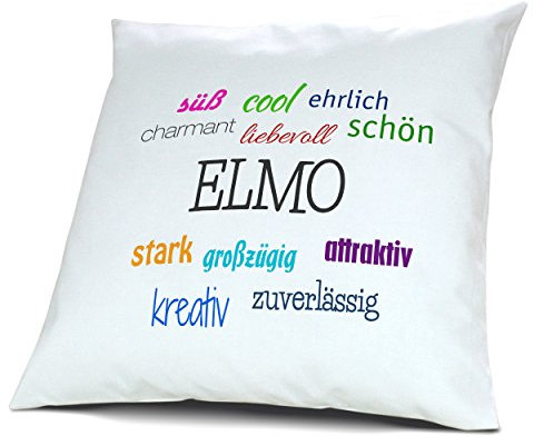 digital print Kopfkissen mit Namen Elmo - Motiv Positive Eigenschaften, 40 cm, 100% Baumwolle, Kuschelkissen, Liebeskissen, Namenskissen, Geschenkidee, Deko