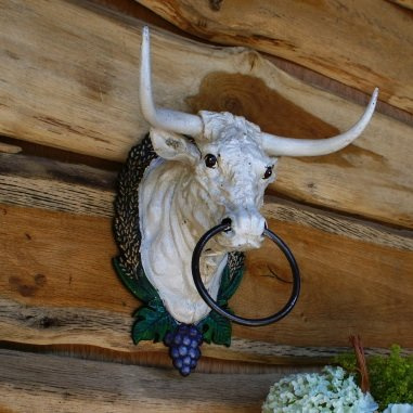 Antikas - Stier, Büffel Kopf im Cowboy-Look mit Anbindering Country Western Wanddekoration