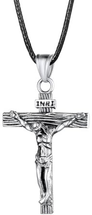U7 INRI Crucifix Pendant Necklace For Men Women Stainless Steel Jesus Cross Christian Jewellery Black Leather Cord Rope Chain