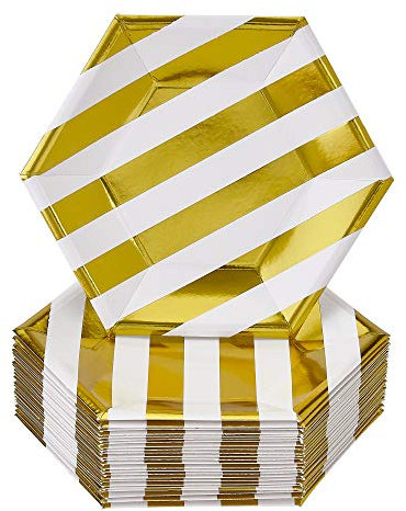 PLATOS PEQUEÑOS DESECHABLES | 24 unidades | Fabricados con cartón resistente | Stripe - Oro | 7,5 pulgadas/19 cm