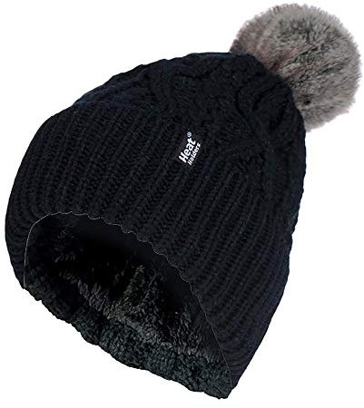 HEAT HOLDERS - Damen Warm Strickmütze Gefüttert Beanie mit Bommel und Fleecefutter (One Size, Black (Solna))