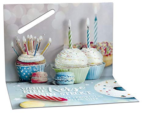KE - 3D Pop Up Geburtstagskarte mit Cupcakes & Kerze, Glitzer-Elementen, DIN B6 - Muffins Grußkarte Klappkarte