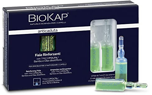 BIOKAP Stärkende Ampullen 12 x 7ml - Anti-Haarausfall INTENSIVANWENDUNG 99% natürliche Inhaltsstoffe - Stärkt & festigt das Haar - Bio-Bambus Olax dissitiflora Öl - Leinsamen Kupfer Biotin
