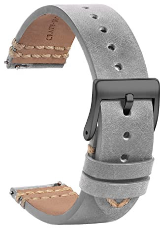TStrap Leder Uhrenarmband 22mm - Weich Grau Quick Release Uhrenarmbänder Ersatz - Sport Uhrenarmband für Herren Damen - Smartwatches Armband mit Schwarz Schließe - 18mm 19mm 20mm 21mm