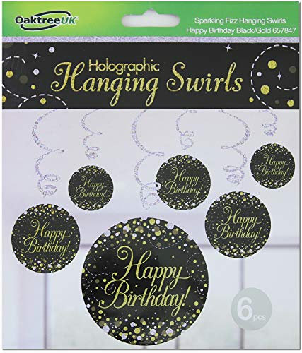 OakTree Sparkling Fizz Hanging Swirls Happy Birthday Black/Gold 6pcs