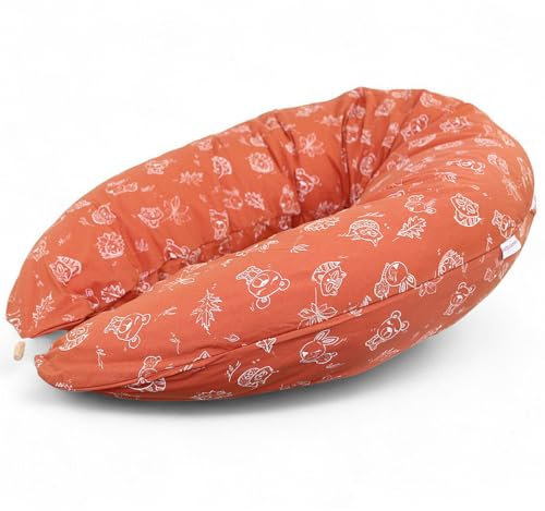 HOBEA-Germany Stillkissen 190 cm x 76 cm XXL Lagerungskissen Schwangerschaftskissen für Baby und Erwachsene Seitenschläferkissen Stillkissen mit Bezug aus Bio Baumwolle, Waldbewohner Rostrot
