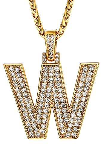U7 Glücksanhänger Halskette für Männer Buchstaben W Kette Gold Halskette mit Letter Anhänger Zirkonia Buchstabenanhänger Initiale Anfangsbuchstaben Kette Rock Accessoire Modeschmuck für Jahrestag