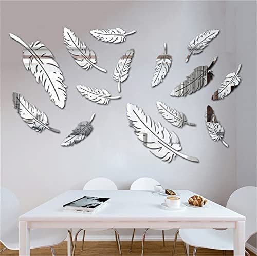 TROYSINC 15 Stück 3D Spiegel Acryl Wandaufkleber, Große Blätter Kunst WandSpiegel Wandtattoo, DIY Aufkleber Spiegel Wanddekor für Schlafzimmer Wohnzimmer (Silber)