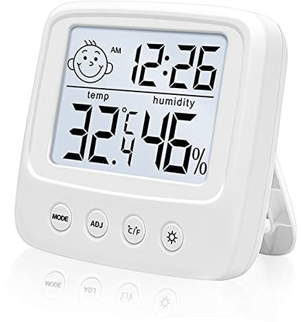 Thermometer Hygrometer Innen, Digitales Thermo-Hygrometer mit Uhrzeit Datum und Backlight, Temperatur Luftfeuchtigkeit Monitor für Schlafzimmer, Babyzimmer, Keller, Gewächshaus, Büro (Weiß)