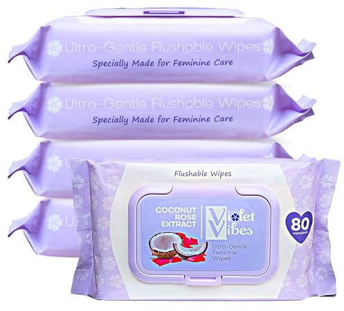 Violet Vibes Flushable Wipes for Women - Coconut Rose, 400 Count, Plant Based, Gentle on Sensitive Skin