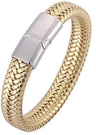 Skcess Armbänder für Herren Silber,Herren Armband Leder Geflochtenes Lederarmband Im Einfachen Stil Rostfreier Stahl Magnetarmband Herren 18.5cm