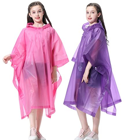 Kids Rain Poncho 2 Pack, Reusable EVA Rain Coats for Kids Emergency Child Ponchos Jacket with Hood for 6-14 Girls Boys (Pink+Purple)